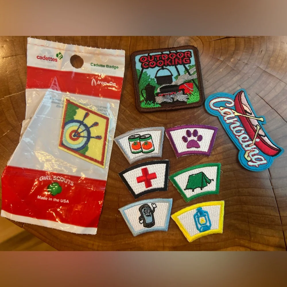 Girl Scouts Patches Lot (9 pcs) – Archery, Camping, Cooking, First Aid, and More